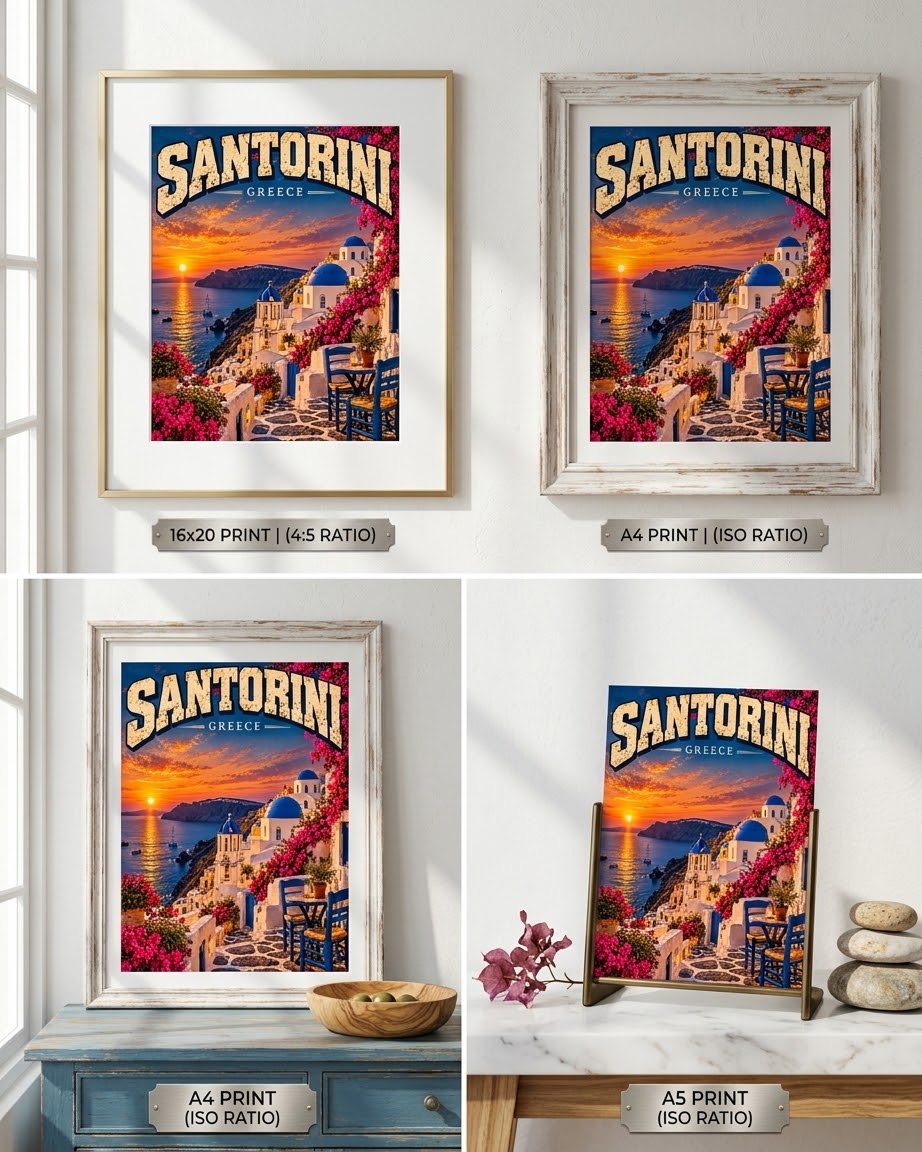 Santorini Greece Vintage-Inspired Travel Poster | Digital Download