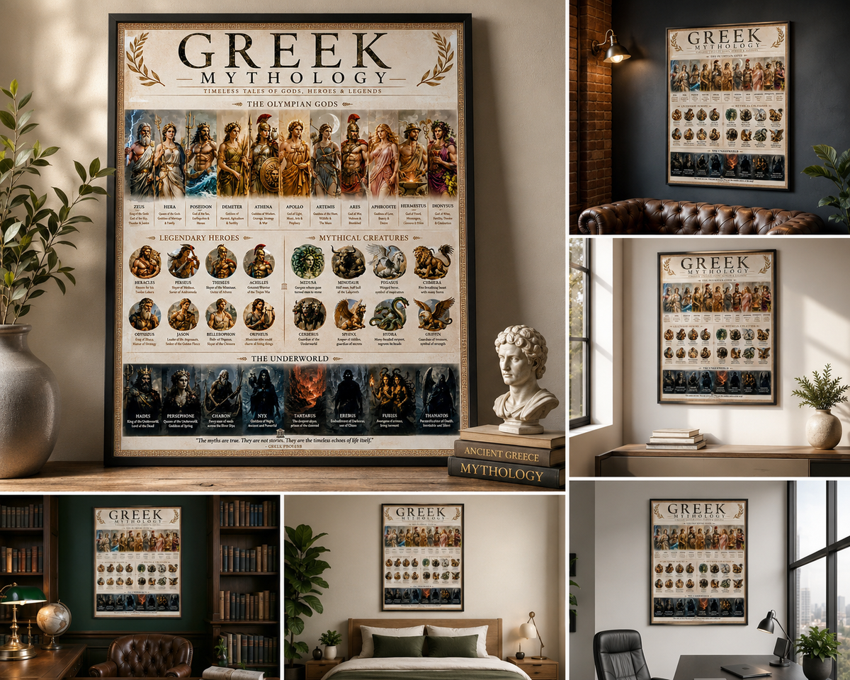 Greek Mythology Poster, Gods Heroes and Creatures Wall Art, Dark Academia Bedroom Decor, Classical History Print, Digital Download