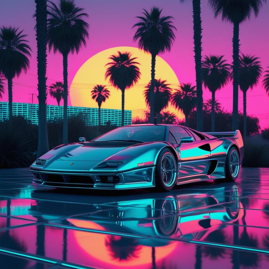 AI-generated retro neon chrome supercar wall art