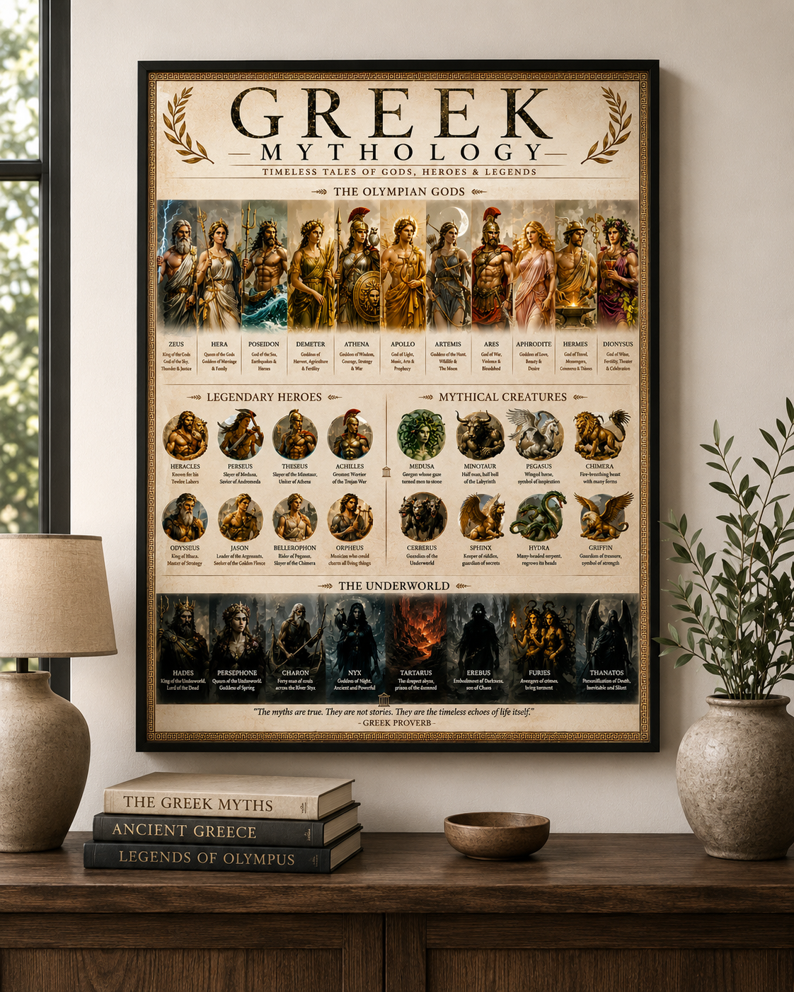 Greek Mythology Poster, Gods Heroes and Creatures Wall Art, Dark Academia Bedroom Decor, Classical History Print, Digital Download
