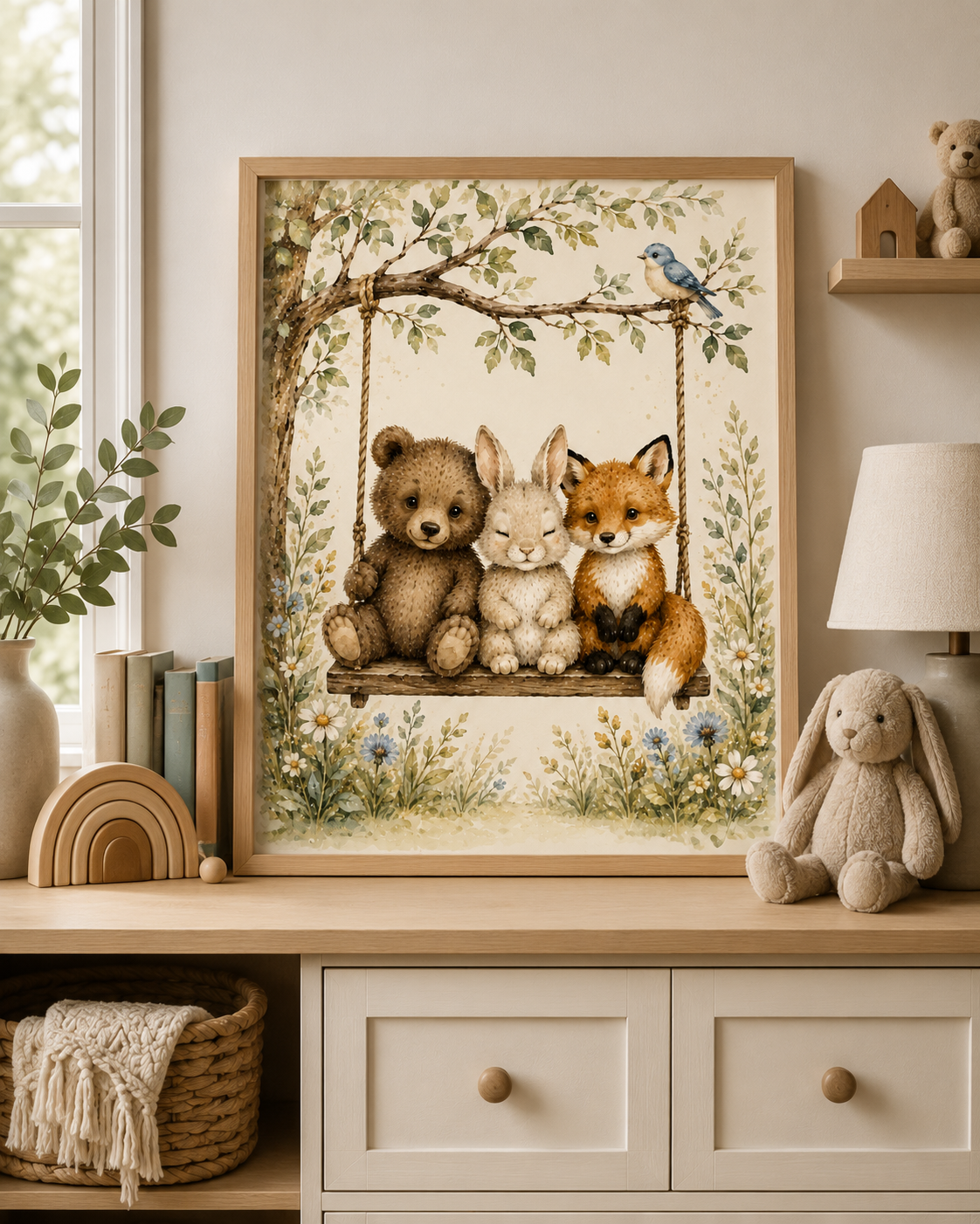 Woodland Nursery Art, Watercolor Bear Bunny Fox on Swing Prints, Whimsical Animal Wall Decor, Kids Playroom Printable Digital Download)