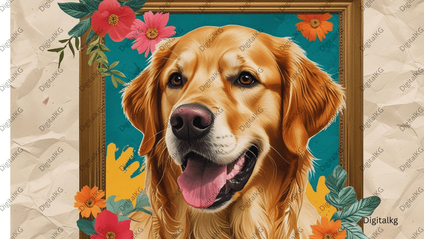 AI-generated golden retriever floral portrait digital wall art