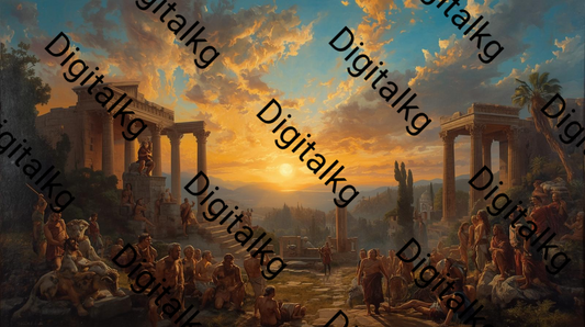 AI-generated classical ancient temple artwork with golden sunset lighting, featuring robed figures gathering at ornate columns
