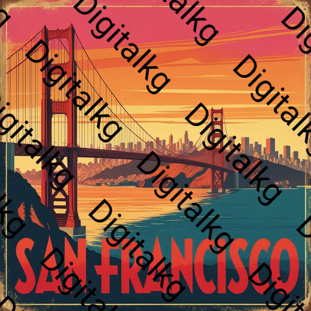 Vintage San Francisco Golden Gate Bridge travel poster with sunset colors and retro typography