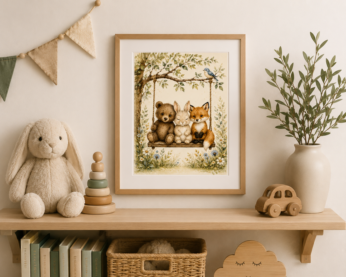 Woodland Nursery Art, Watercolor Bear Bunny Fox on Swing Prints, Whimsical Animal Wall Decor, Kids Playroom Printable Digital Download)