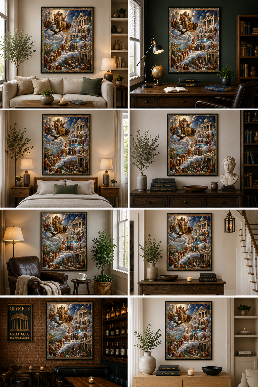 A 3x3 collage showing the same framed wall art in multiple interior settings: living room, bedroom, and home office/living space. The product being shown is the artwork itself, which depicts a dramatic classical scene with figures, architecture, and a glowing sky.