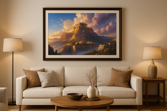 Ancient temple artwork displayed in a picture frame in a modern living room setting