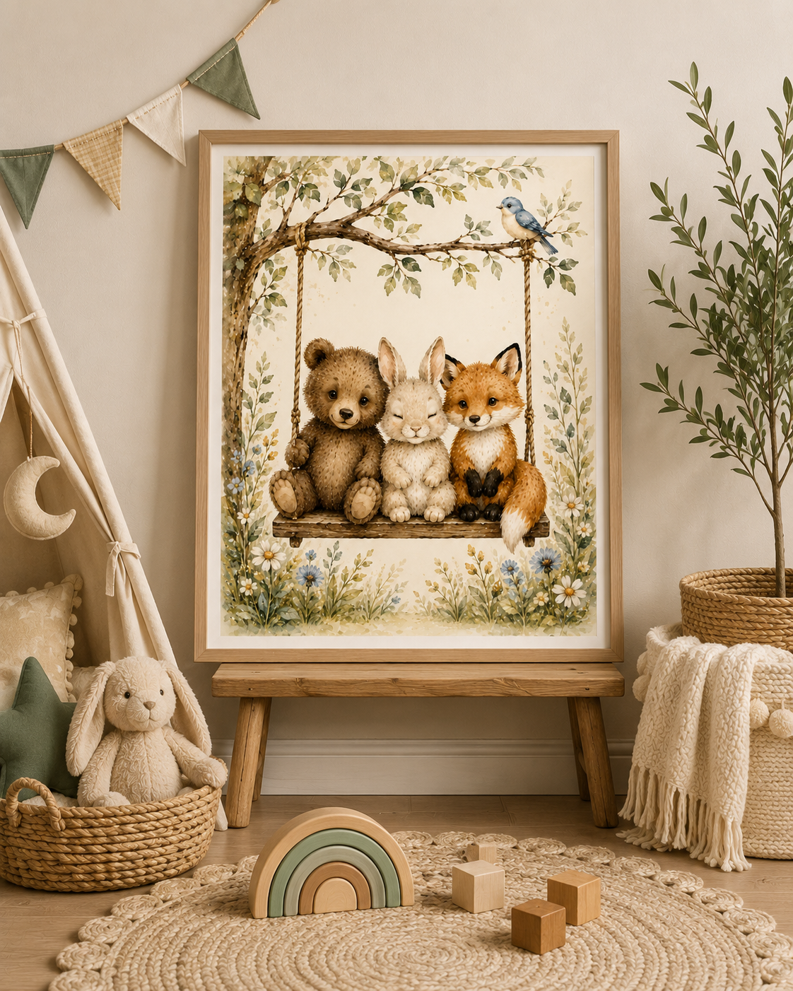 Woodland Nursery Art, Watercolor Bear Bunny Fox on Swing Prints, Whimsical Animal Wall Decor, Kids Playroom Printable Digital Download)