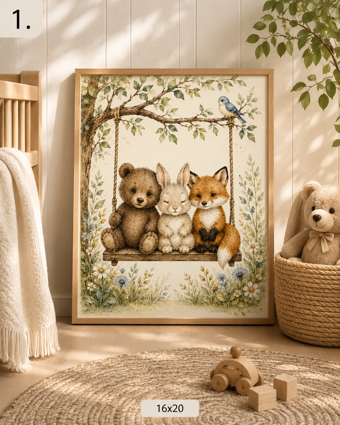 Woodland Nursery Art, Watercolor Bear Bunny Fox on Swing Prints, Whimsical Animal Wall Decor, Kids Playroom Pr – printable digital wall art