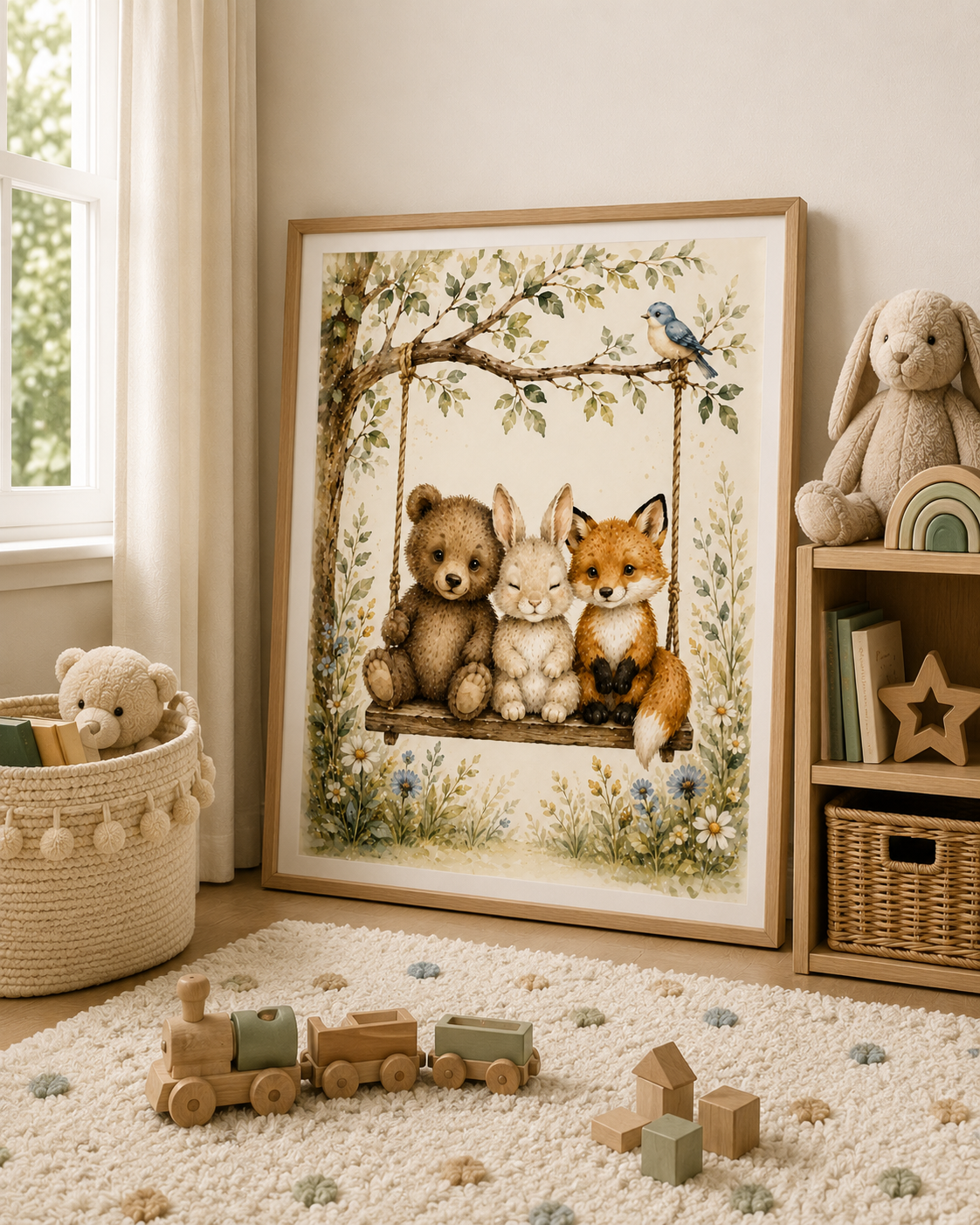 Woodland Nursery Art, Watercolor Bear Bunny Fox on Swing Prints, Whimsical Animal Wall Decor, Kids Playroom Printable Digital Download)