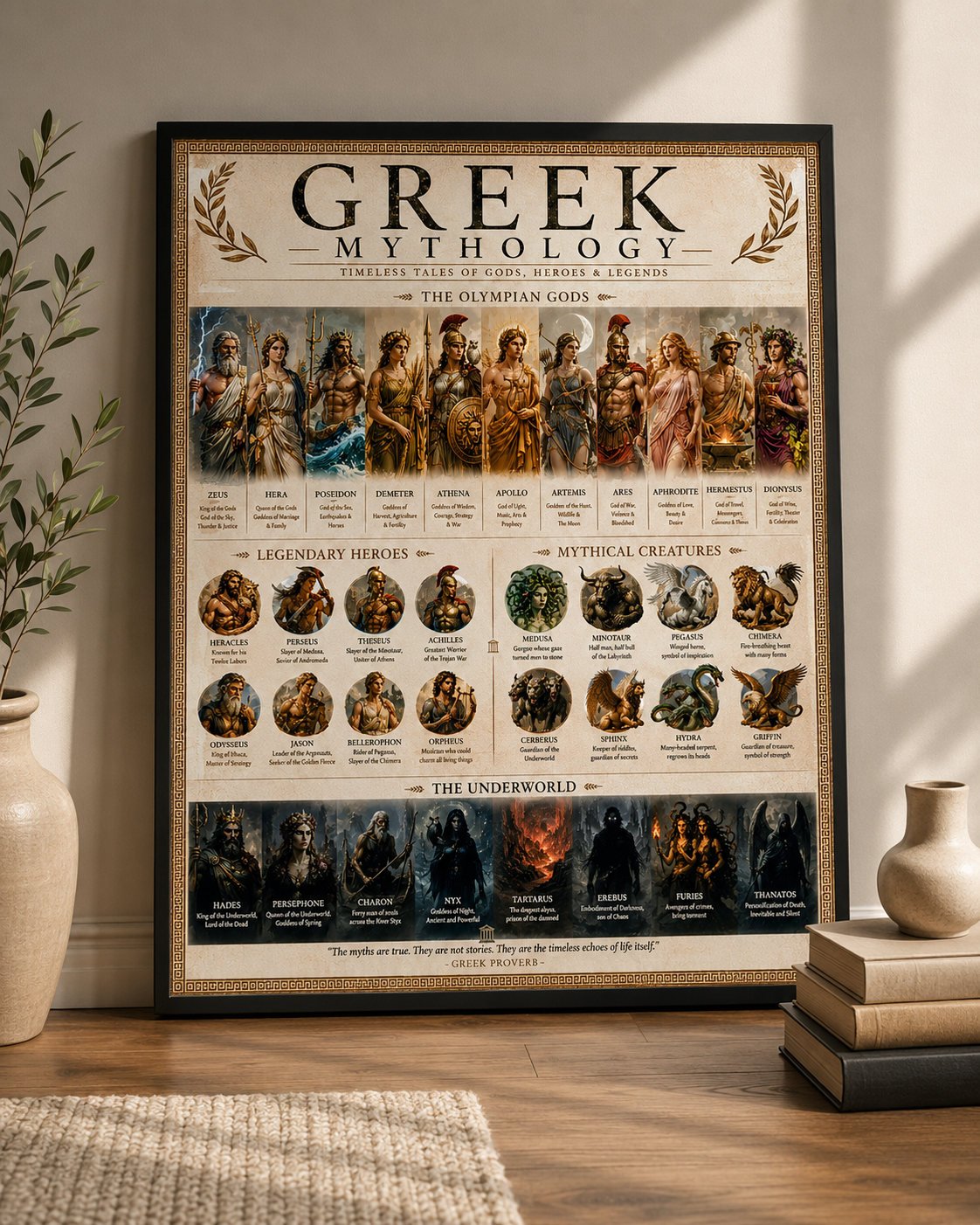Greek Mythology Poster, Gods Heroes and Creatures Wall Art, Dark Academia Bedroom Decor, Classical History Print, Digital Download