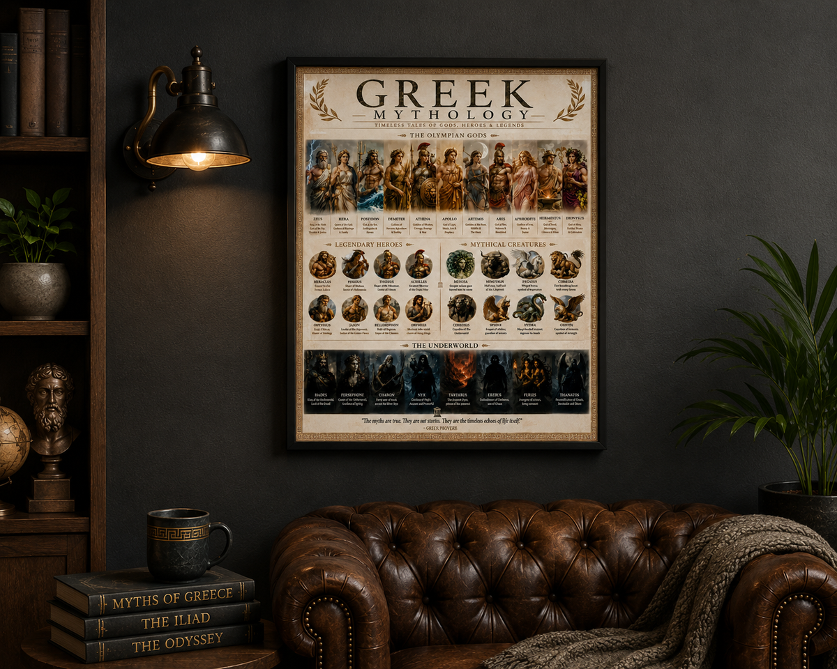 Greek Mythology Poster, Gods Heroes and Creatures Wall Art, Dark Academia Bedroom Decor, Classical History Print, Digital Download