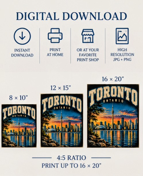 Toronto Ontario Wall Art Printable | Vintage Toronto Skyline Poster, CN Tower Canada City Print