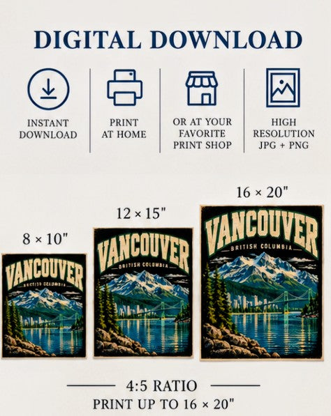 Vancouver British Columbia Wall Art Printable | Vintage Canada Travel Poster, Mountain & Cityscape Print