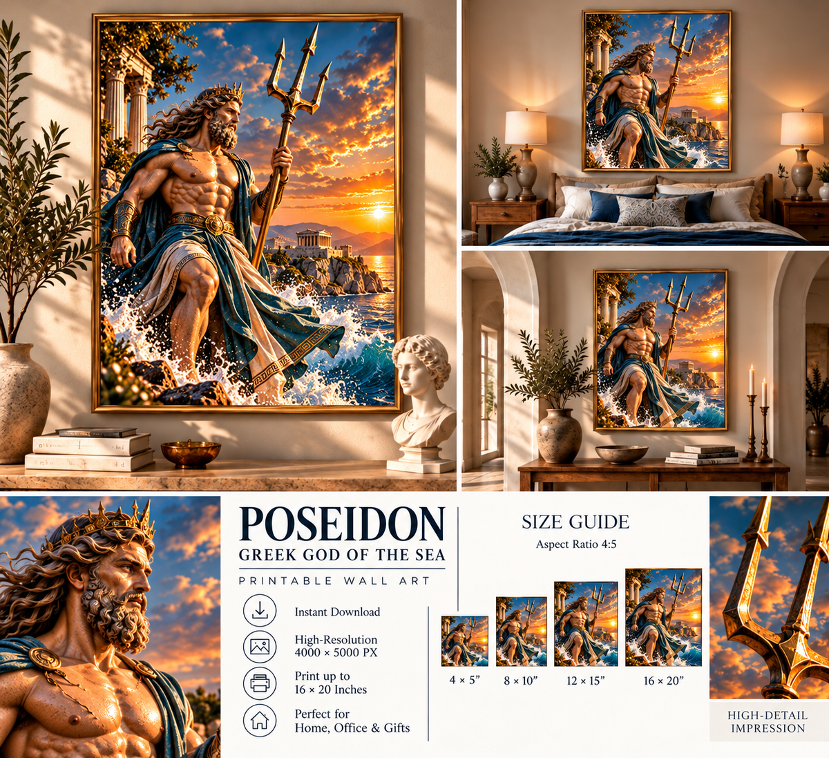 Poseidon – Greek God of the Sea | Majestic Greek Mythology Digital Wall Art