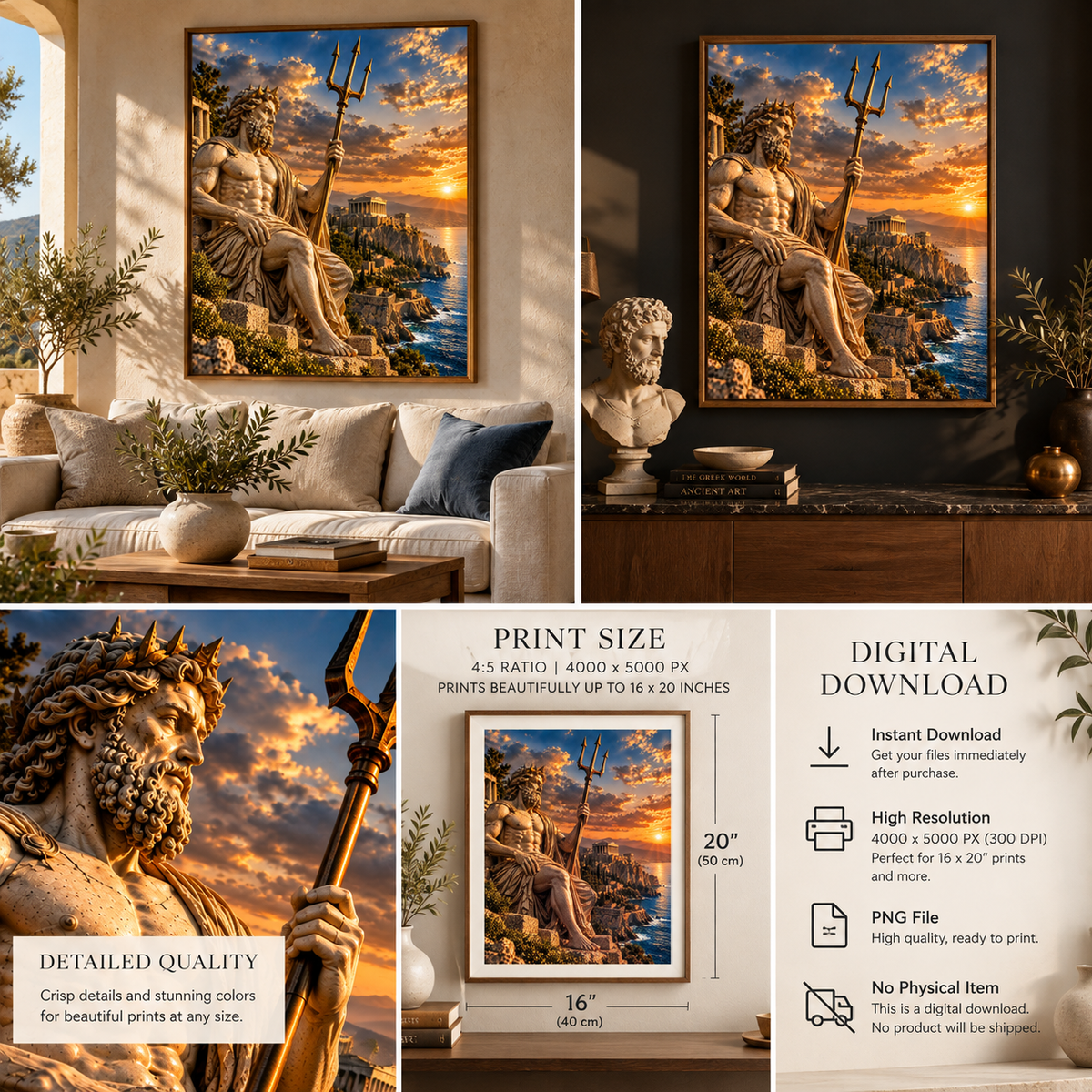 Poseidon Greek God Printable Wall Art – Ancient Greek Mythology Digital Download