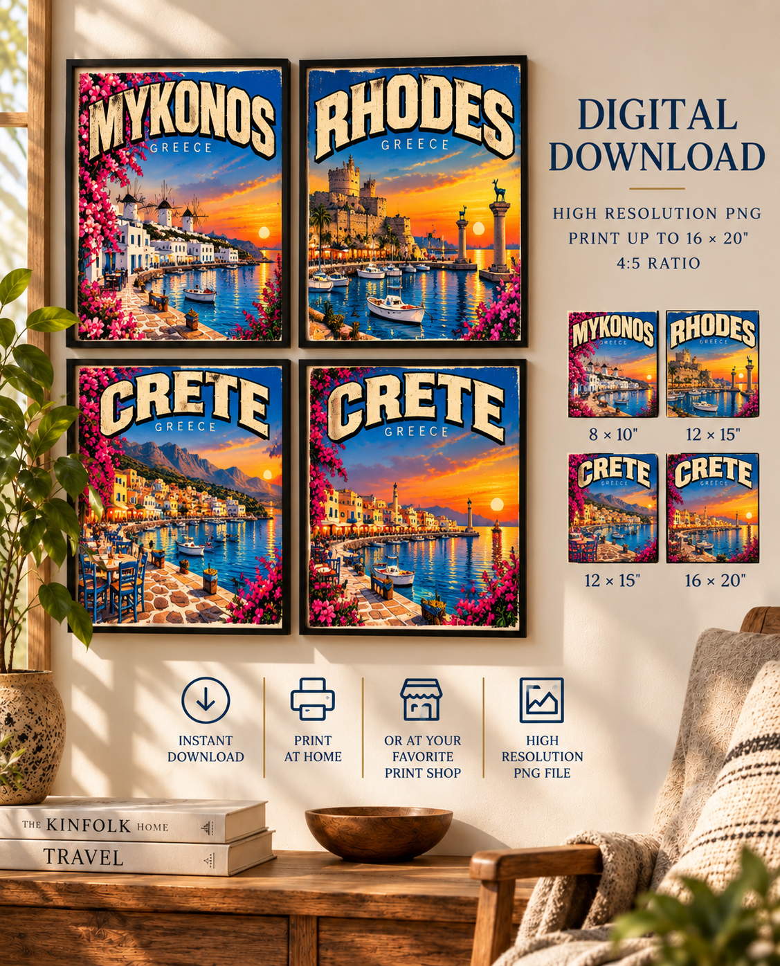 Mykonos Rhodes Crete Greece Travel Print Bundle, Set of 4 Greek Island Wall Art, Vintage Mediterranean Digital Download