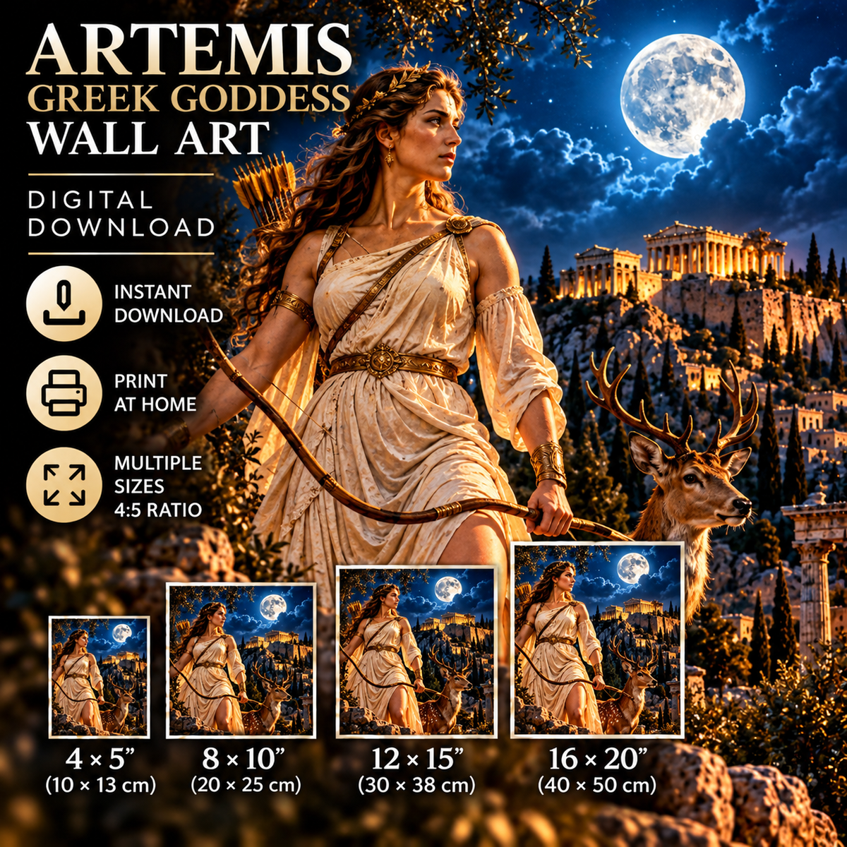 Artemis Greek Goddess Wall Art | Goddess of the Hunt | Greek Mythology Printable Art | Acropolis Moonlight Digital Download