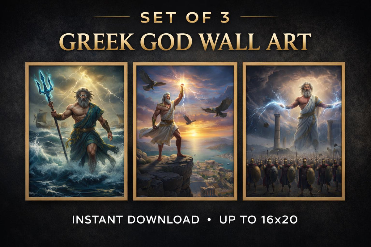 Greek Mythology 3-Pack - Zeus, Poseidon, Ocean Storms – printable digital wall art