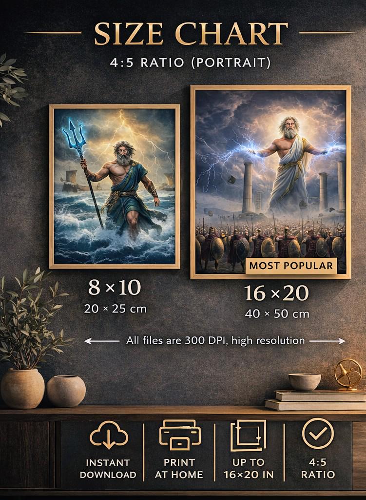 Greek Mythology 3-Pack - Zeus, Poseidon, Ocean Storms | Digital Art Prints for Personal and Small Business Commercial Use