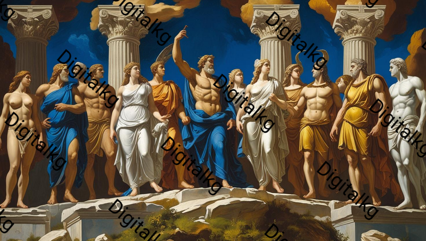 AI-generated Olympian gods battle scene digital art
