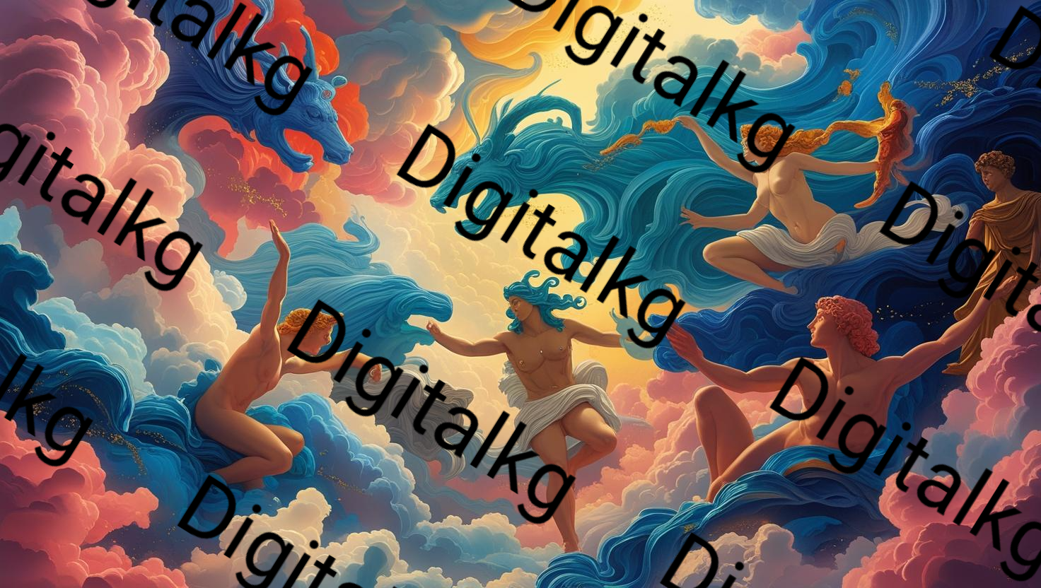 Image 1: AI-generated celestial mythology scene with divine figures floating through vibrant clouds
Image 2: AI-generated epic divine battle scene with gods and mythical creatures in golden clouds  
Image 3: AI-generated goddess of the seas with classical columns and divine ocean scene
