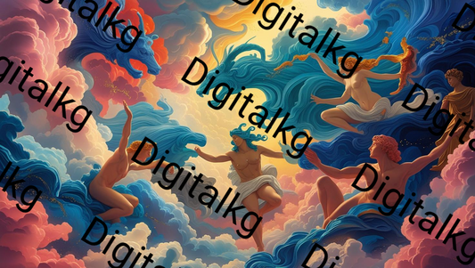 Image 1: AI-generated celestial mythology scene with divine figures floating through vibrant clouds
Image 2: AI-generated epic divine battle scene with gods and mythical creatures in golden clouds  
Image 3: AI-generated goddess of the seas with classical columns and divine ocean scene
