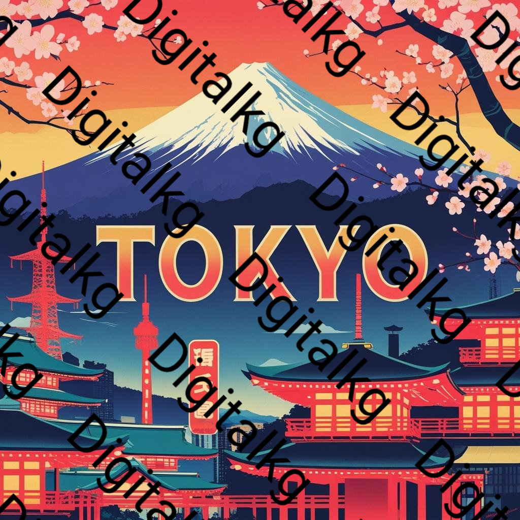 Illustration of Mount Fuji with cherry blossoms, Tokyo text, and digitalink branding.
