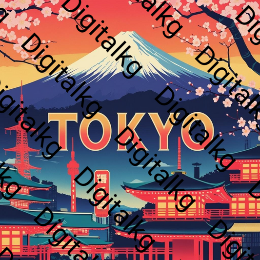 Illustration of Mount Fuji with cherry blossoms, Tokyo text, and digitalink branding.