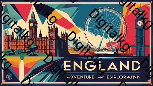 AI generated England travel poster art print featuring Big Ben London Eye Westminster vintage style digital download wall decor
