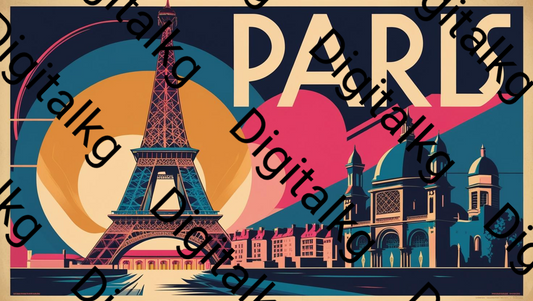 AI generated vintage Paris travel poster featuring iconic Eiffel Tower and classic Parisian buildings in geometric art style with warm orange and teal color palette and large PARIS text overlay
