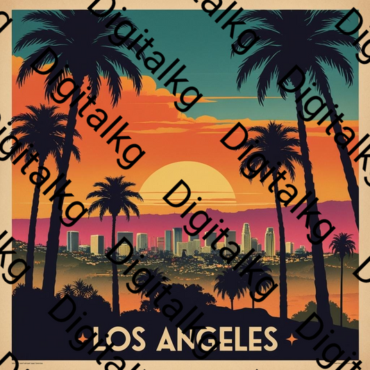 Los Angeles skyline with palm trees and sunset, featuring 'Digitalkg' watermark.