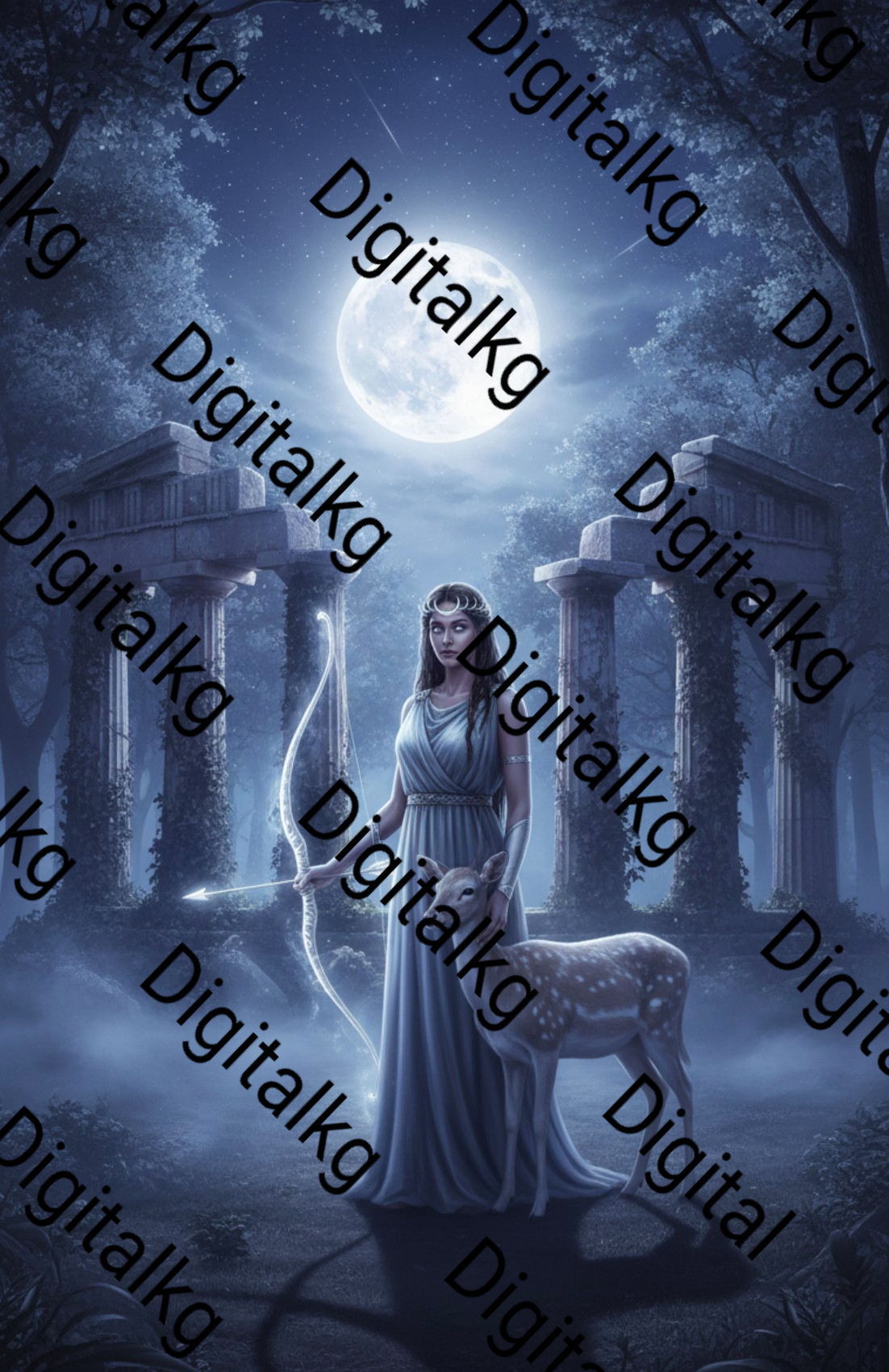Woman in a gown holding a deer in a mystical forest with 'Digitalkg' branding.