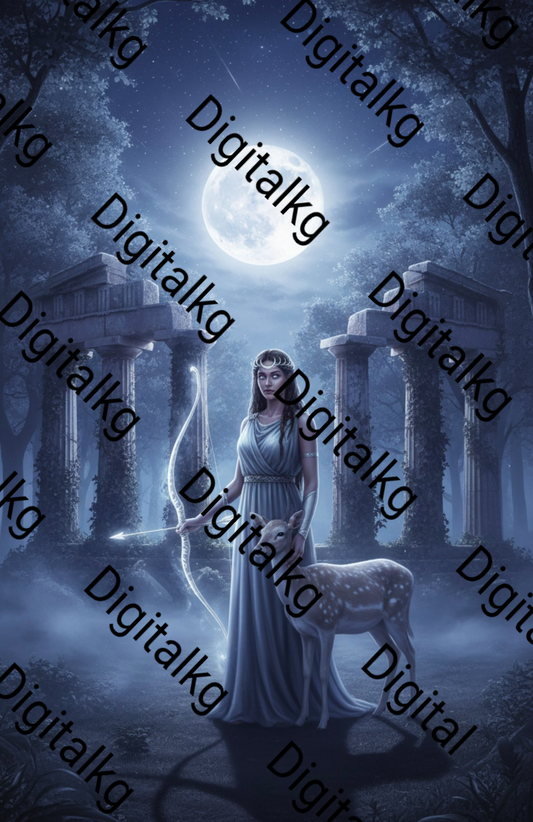 Woman in a gown holding a deer in a mystical forest with 'Digitalkg' branding.
