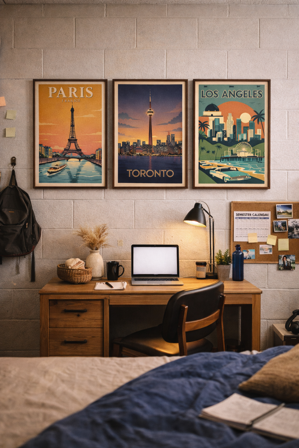 Home office with framed cityscape posters on a tiled wall.