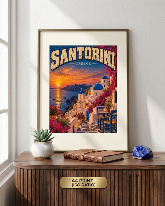Santorini Greece Vintage-Inspired Travel Poster – printable digital wall art