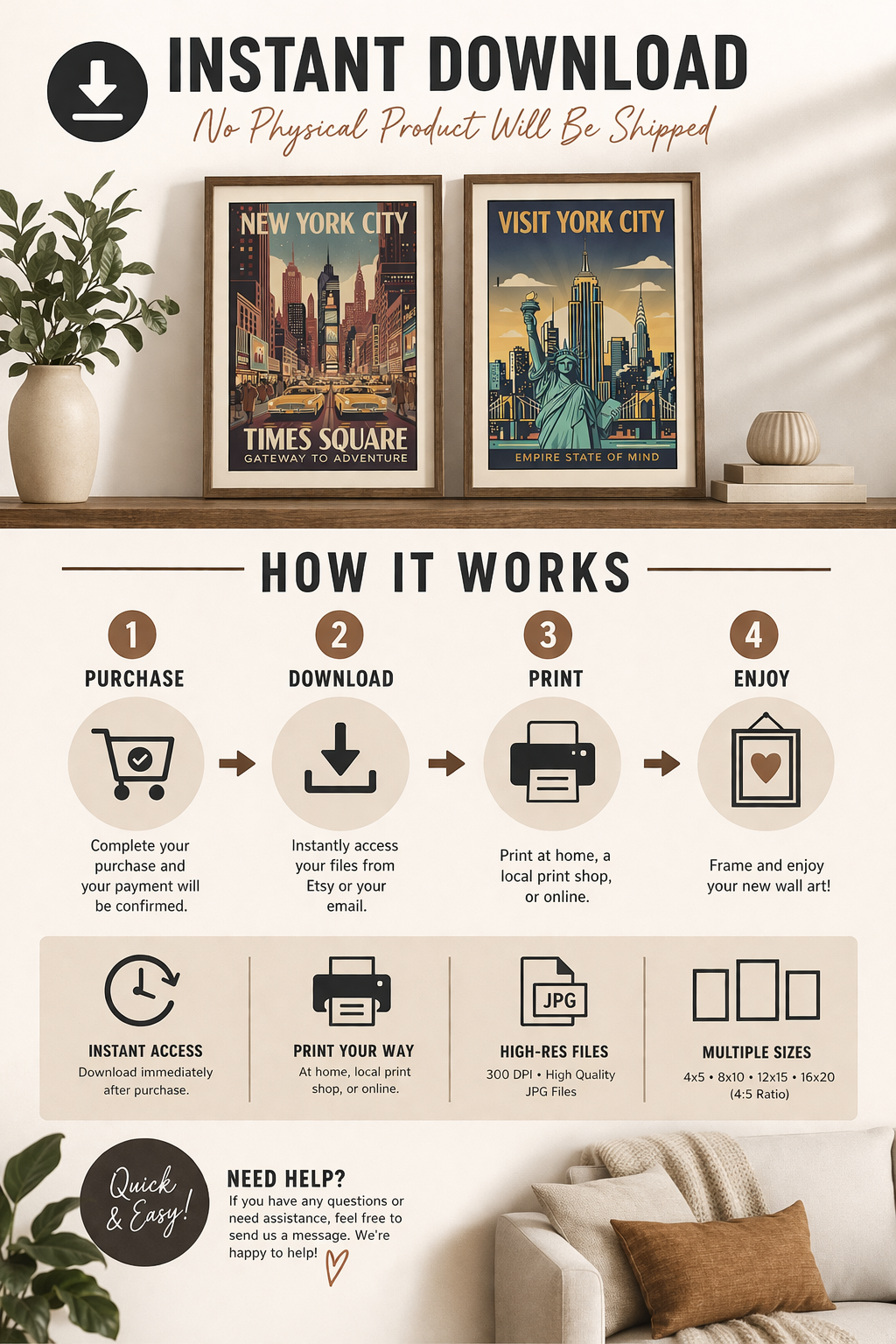 New York City Vintage Print Bundle | Times Square, Statue of Liberty Posters (Digital Download)