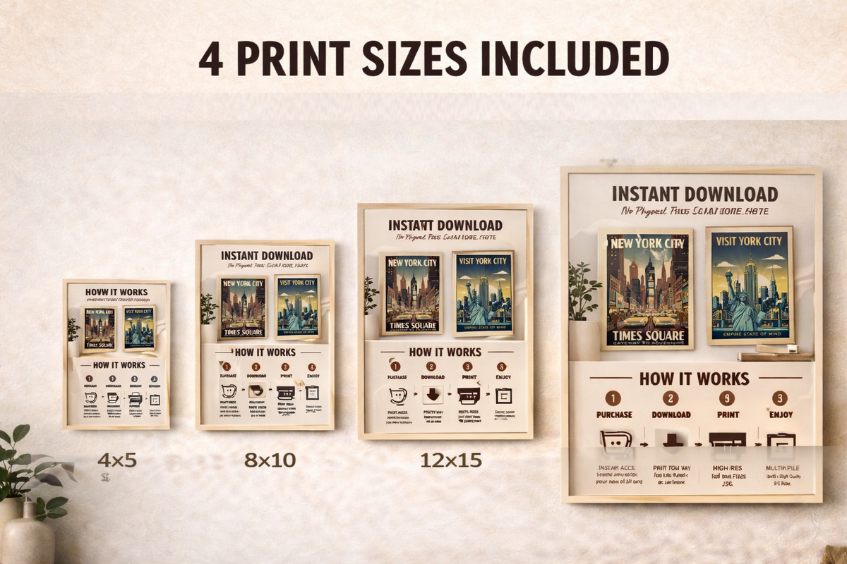 New York City Vintage Print Bundle | Times Square, Statue of Liberty Posters (Digital Download)