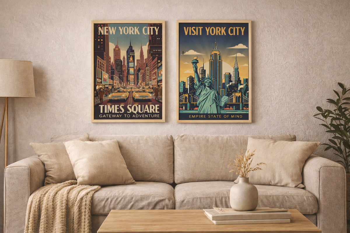Two framed vintage-style New York City travel posters hang above a beige sofa in a living room. The left poster reads 'New York City Times Square Gateway to Adventure' and the right reads 'Visit York City Empire State of Mind.