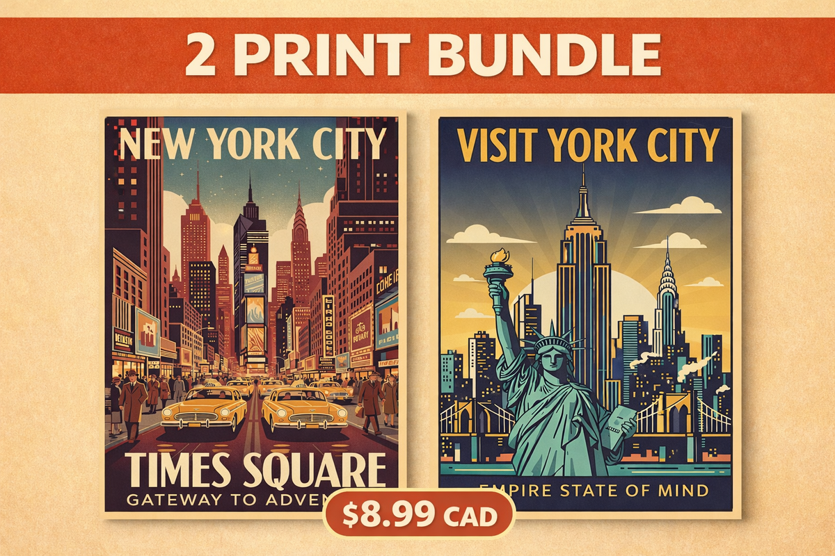 New York City Vintage Print Bundle | Times Square, Statue of Liberty Posters (Digital Download)