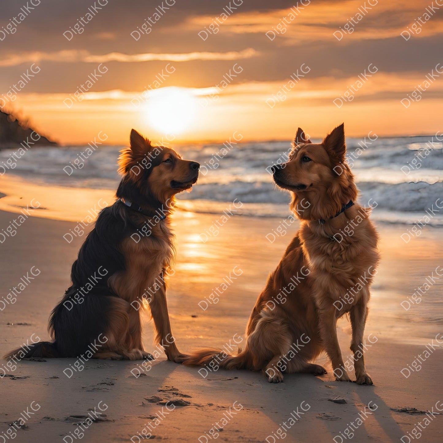  Dogs on Beach: "Al-generated golden dogs beach sunset digital artwork"