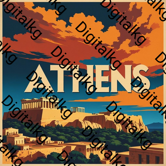 Athens Greece vintage travel poster featuring the Acropolis and Parthenon in classic retro style
