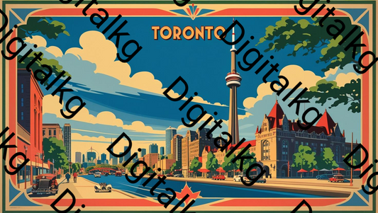 Vintage-style illustration of Toronto with the CN Tower and city skyline.