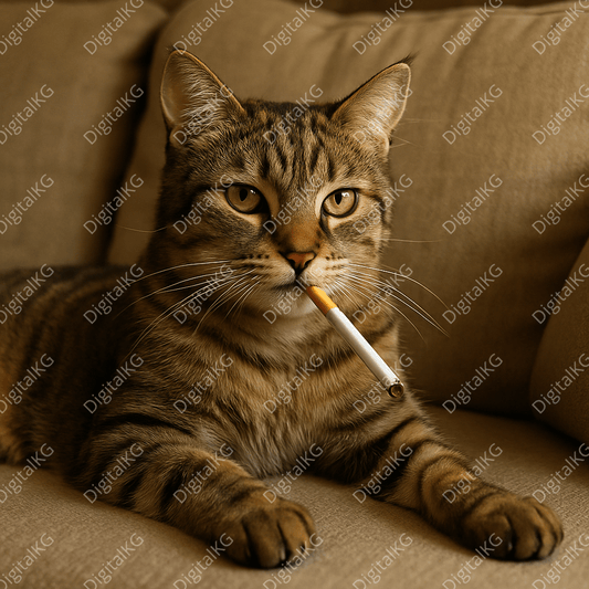 AI-generated cozy cat on couch digital art print
