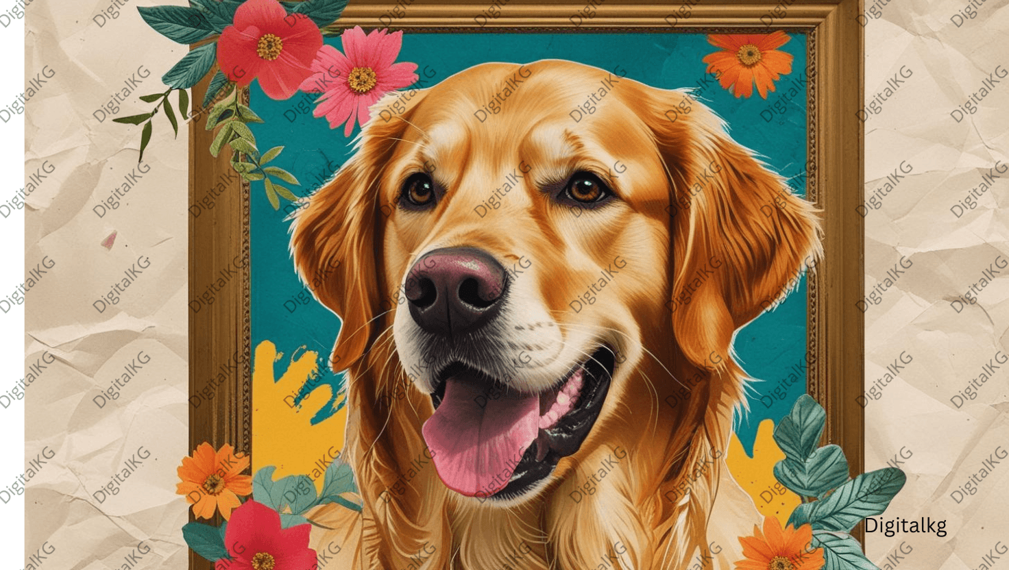 AI-generated golden retriever floral portrait digital wall art
