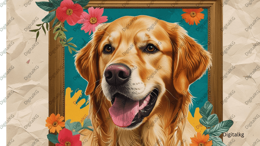 AI-generated golden retriever floral portrait digital wall art
