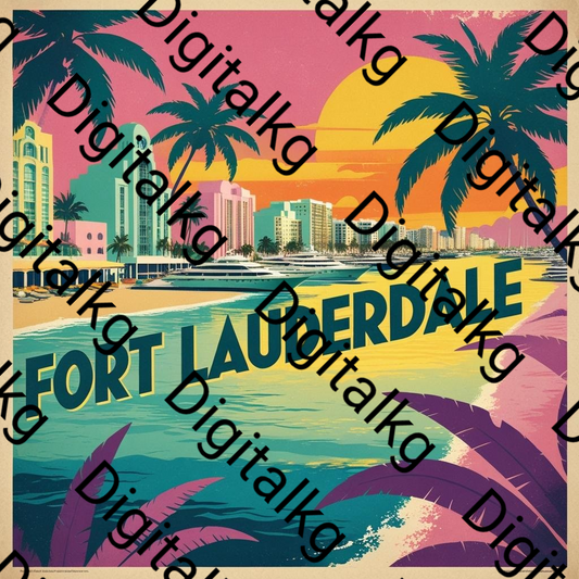 Colorful illustration of a beach scene with palm trees and buildings, featuring the text 'FORT LAUDERDALE'.