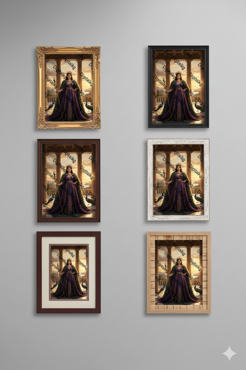 Hera Greek Goddess Digital Wall Art - Queen of Olympus with Peacocks - Purple & Gold Mythology Poster