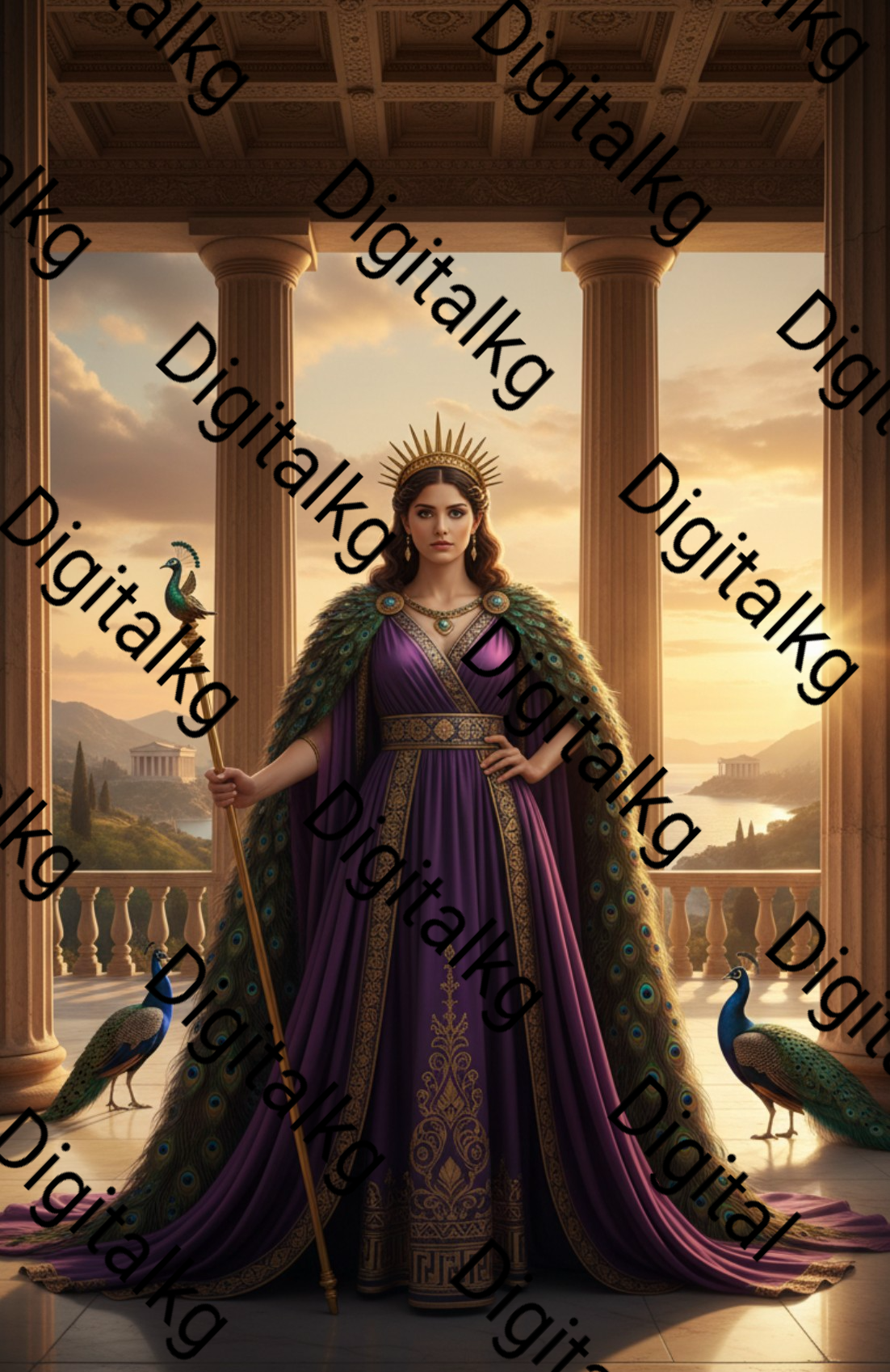 Woman in a purple gown with peacocks in a classical setting, featuring the brand 'Digitalkg'.