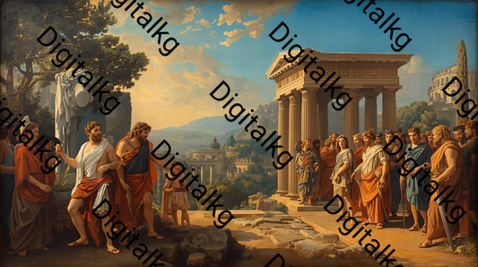 Classical painting of a group of people in a temple setting .